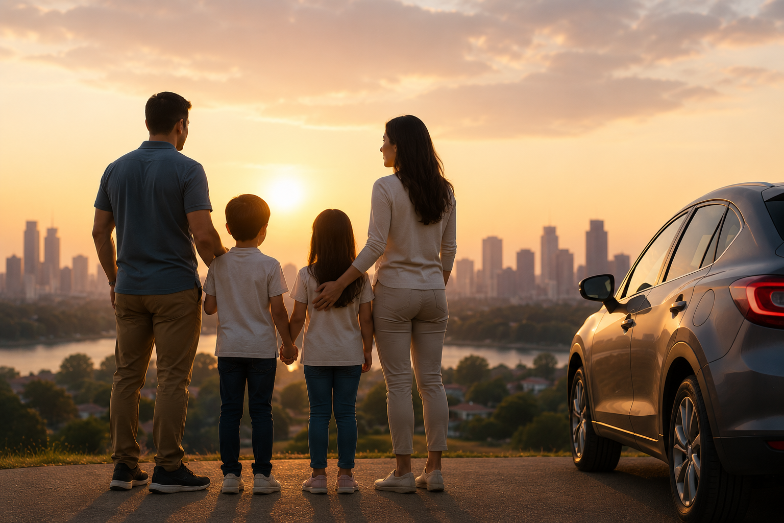 A family of four looking out over a city skyline at sunset, beside their car.
