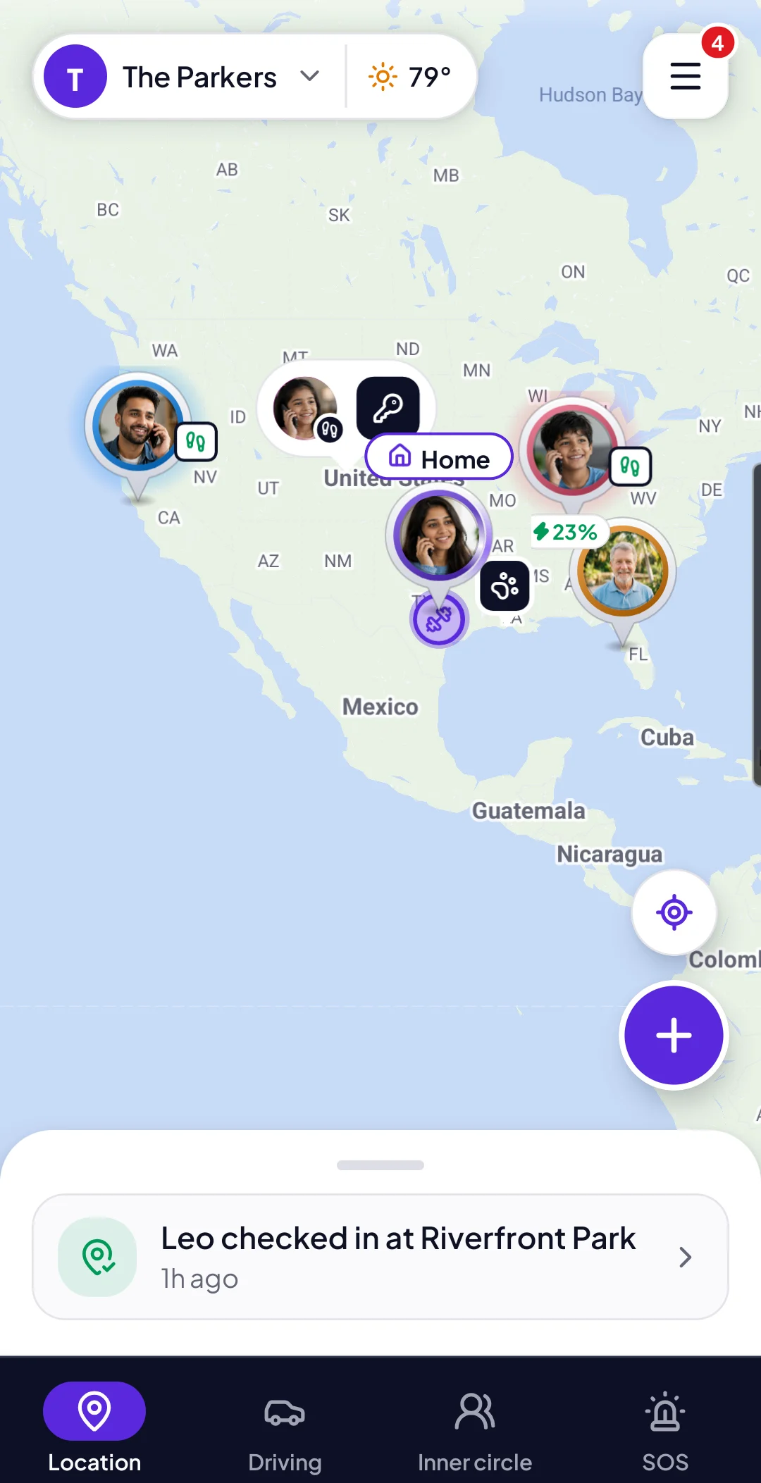 The family map with Grandpa Joe at home in Florida, his phone charging at 23%, and the rest of the family across the US.