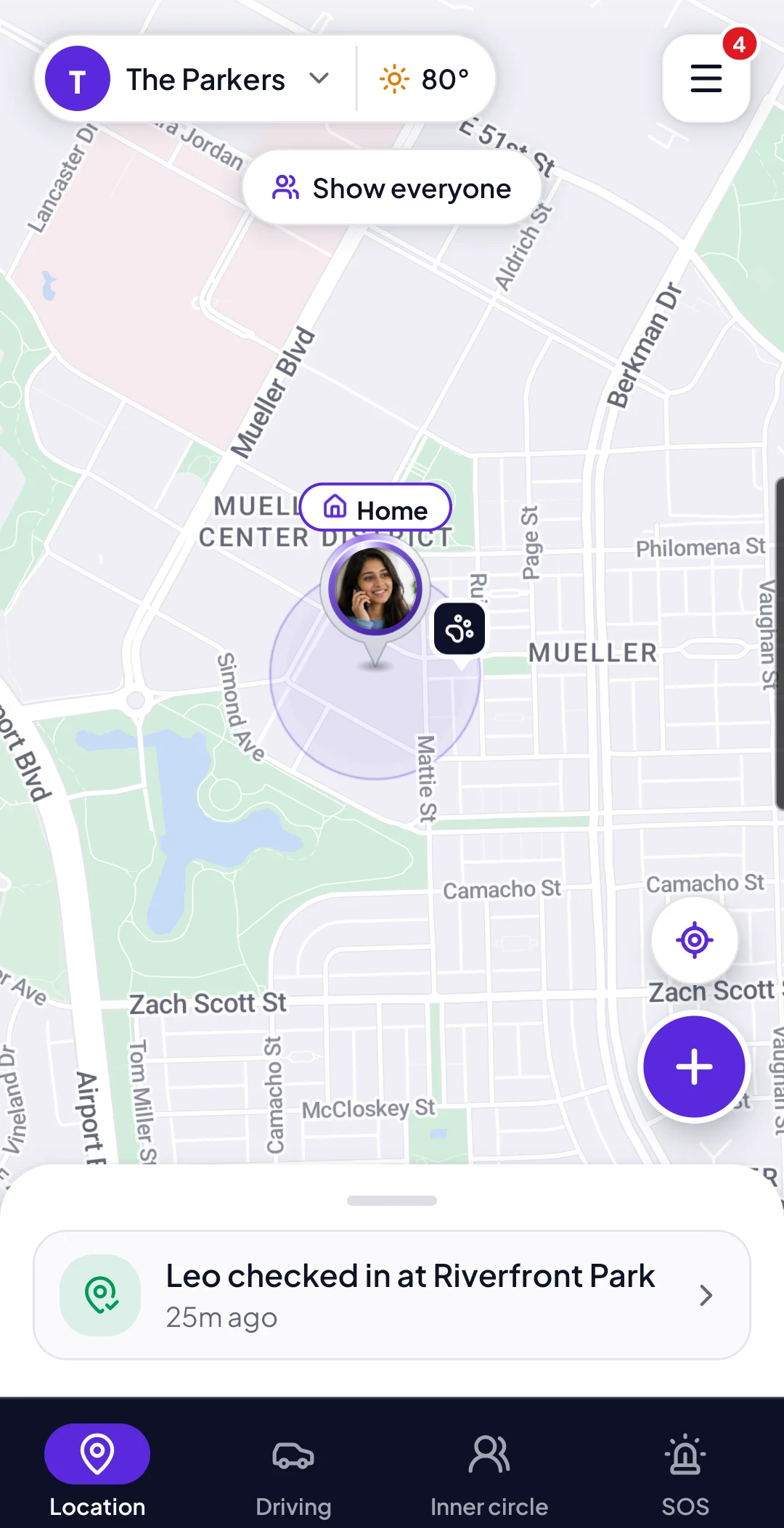Sarah at home in Austin with the family dog’s tag next to her, and “Leo checked in at Riverfront Park” below the map.
