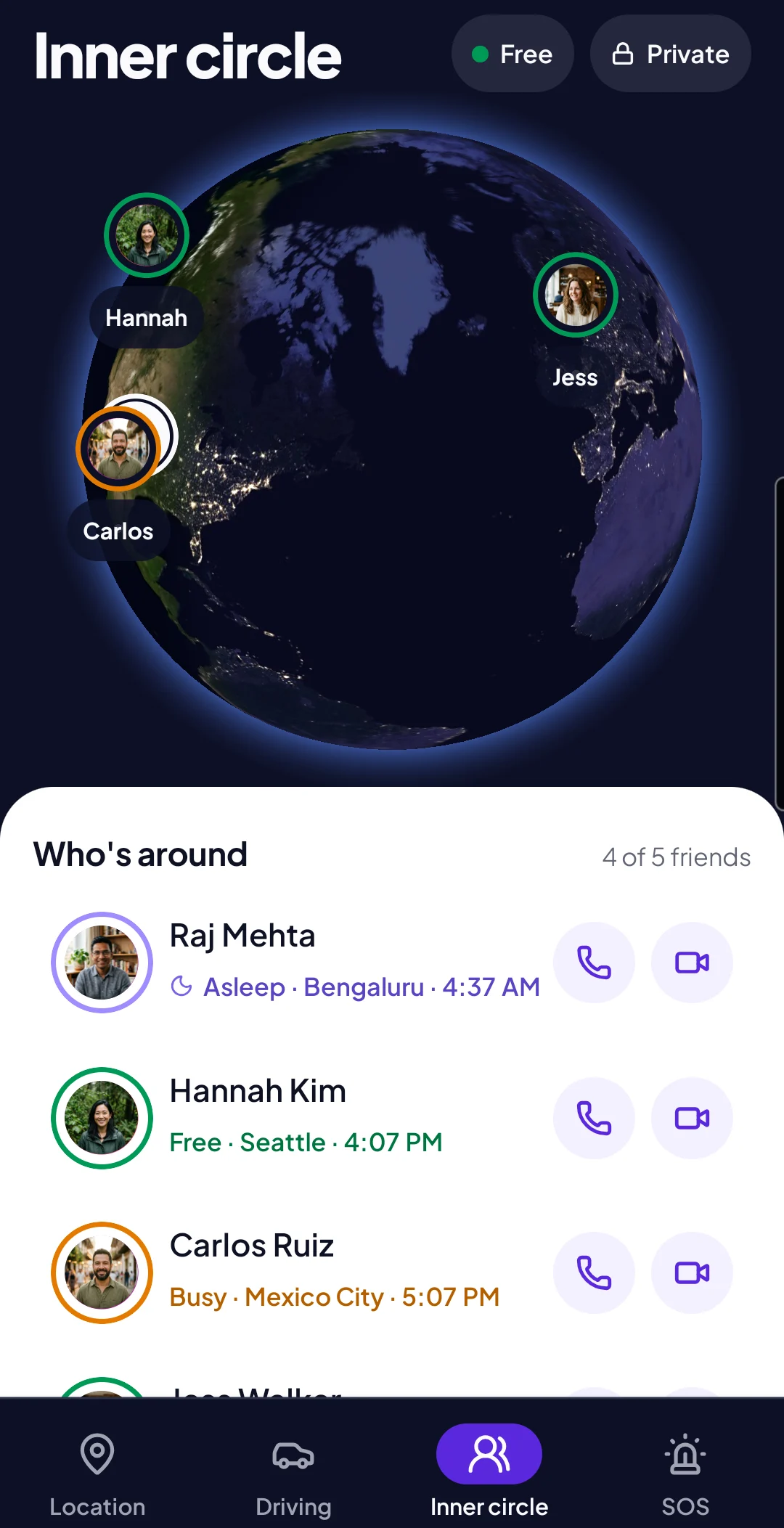 The inner circle globe with friends in Seattle, Mexico City and London; Raj is asleep in Bengaluru at 4:37 AM.
