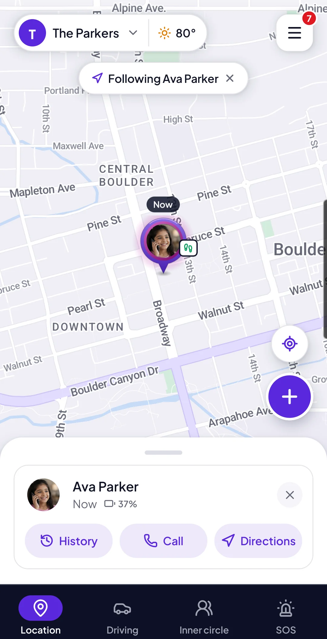 Ava’s card in Boulder: seen now, 37% battery, with History, Call and Directions.