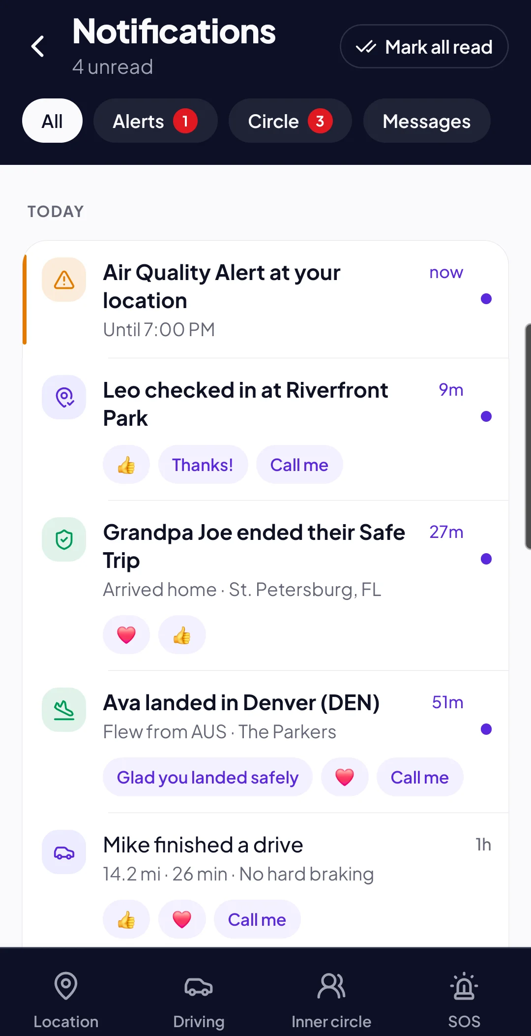 Notifications: an air quality alert, Leo’s check-in, Grandpa Joe’s Safe Trip, Ava landing in Denver and Mike finishing a drive, each with one-tap replies.