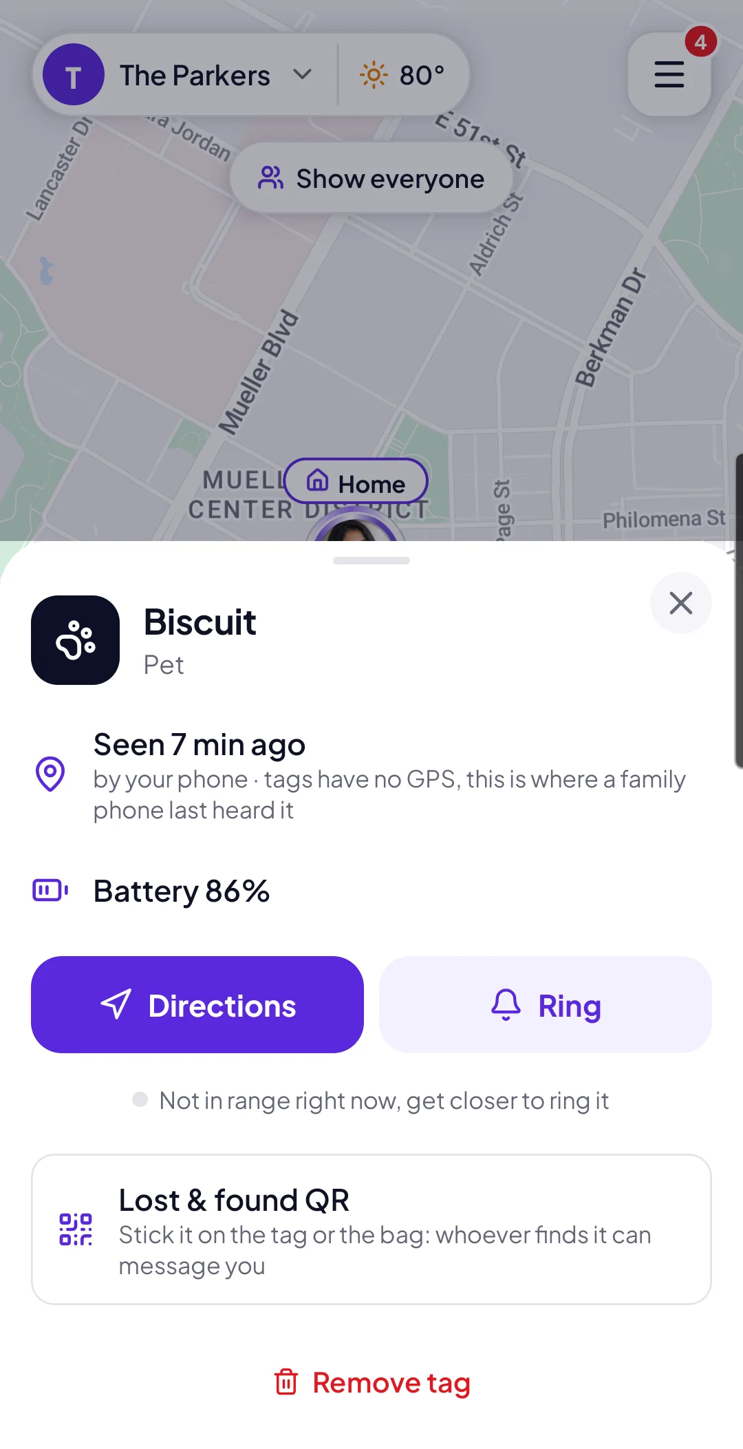 A tag in the iProtect247 app: Biscuit the dog, seen 7 minutes ago, battery 86%, with Directions and Ring.