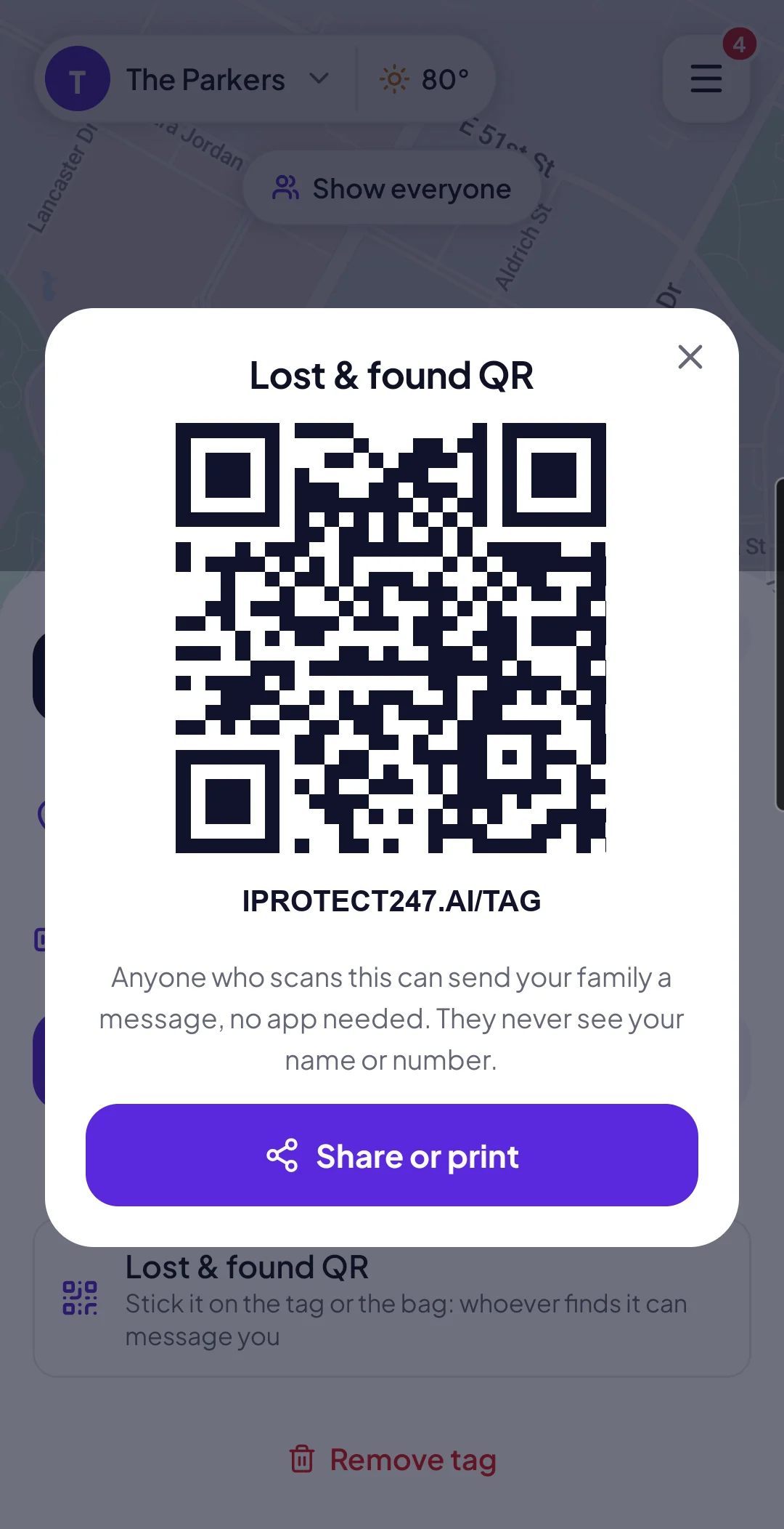 The tag’s lost & found QR, ready to share or print.