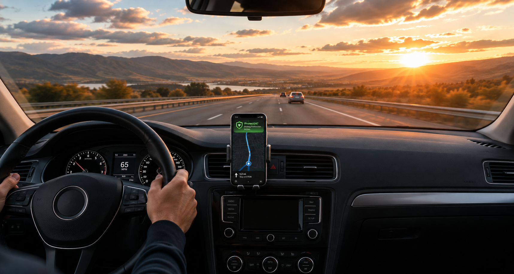 Driver's view through a windscreen at sunset on an open highway, with a phone mounted on the dashboard running iProtect247 navigation.