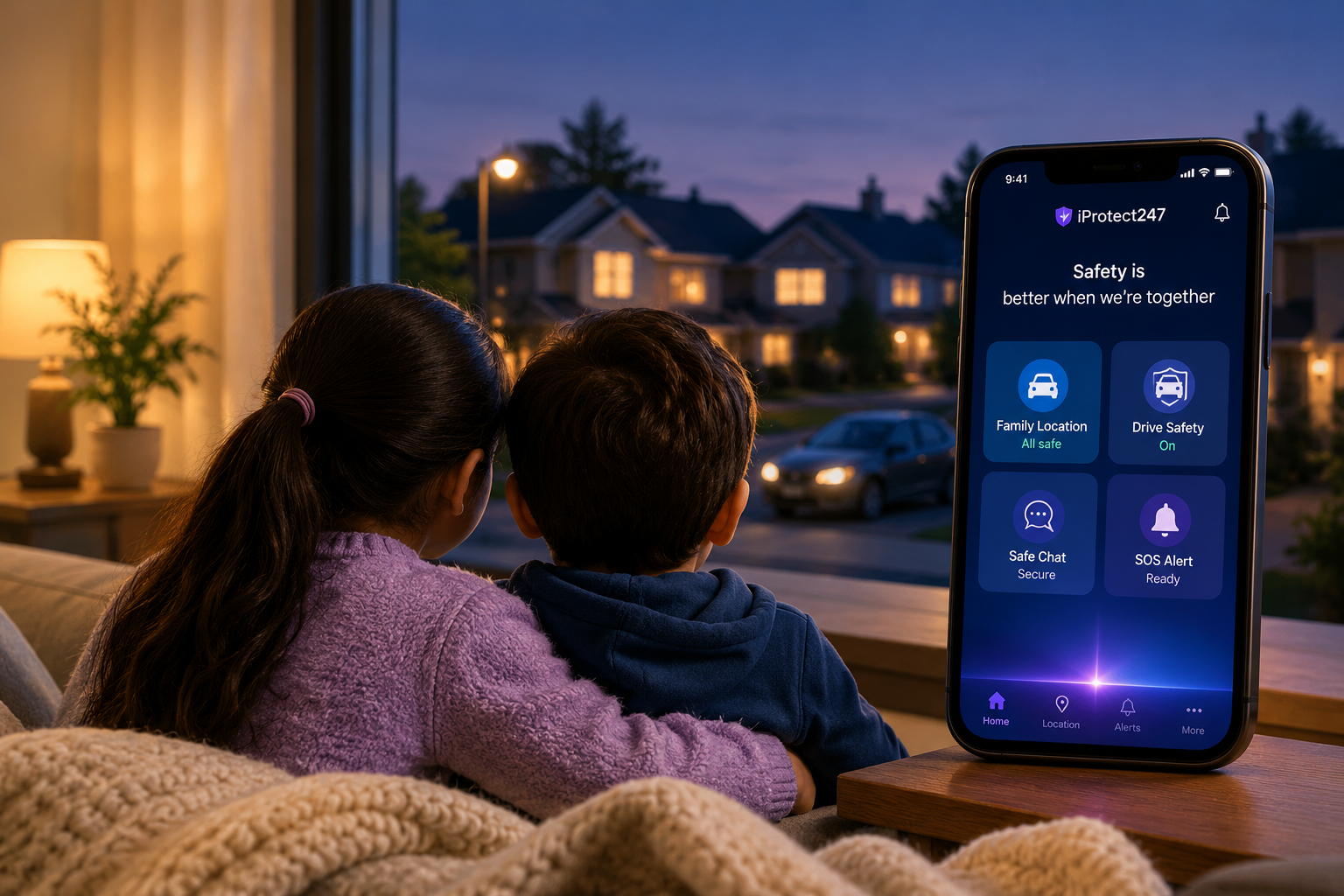 Two children sitting together on a couch at dusk, looking out at their neighbourhood beside a phone showing the iProtect247 family safety dashboard.