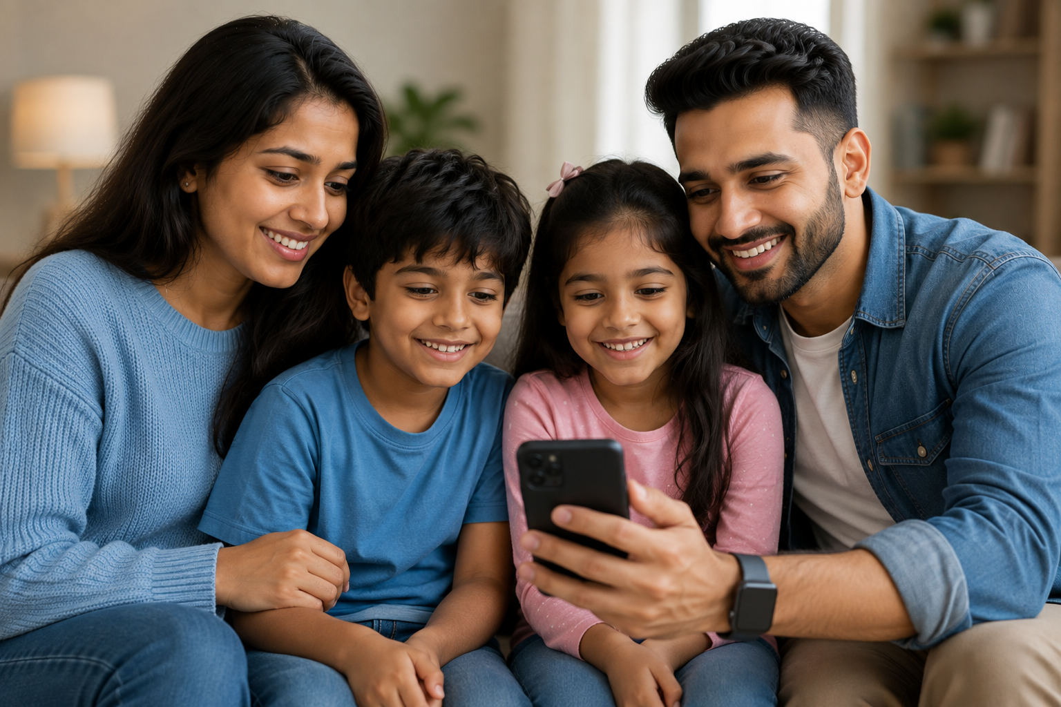 A family of four sitting together on a sofa, smiling at a phone the father is holding.