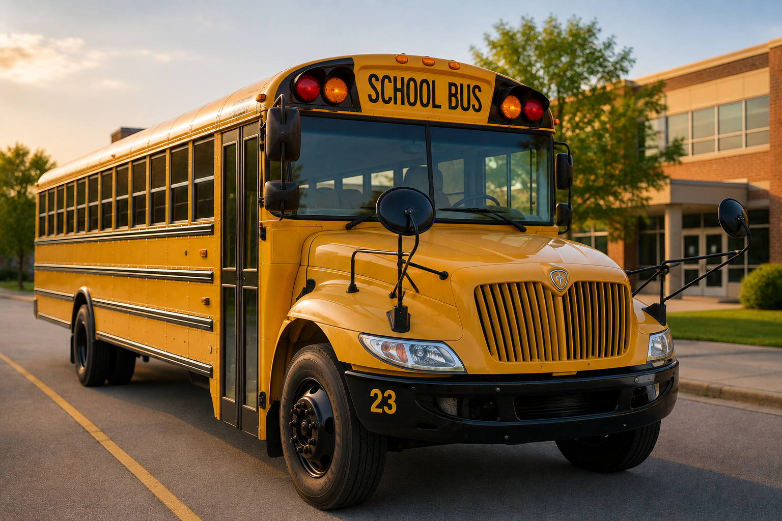 A yellow school bus parked outside a school building in the morning light.